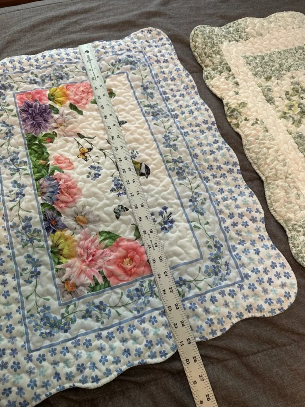 Cottagecore Quilted Pillowcases Set of 2 Blue Green Bird Flowers Farmhouse 25x19
